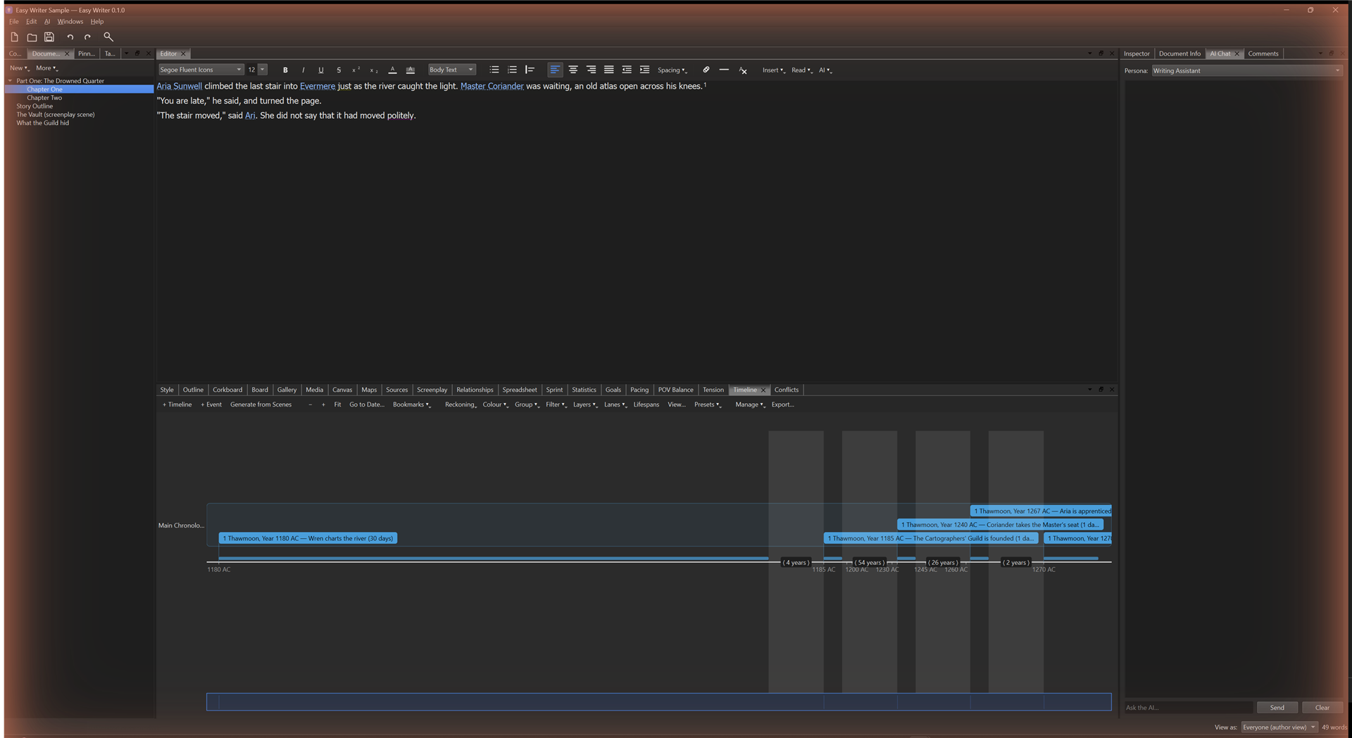 The Ordfoss editor: a chapter open with character and place names automatically linked to the codex, and the story timeline below.