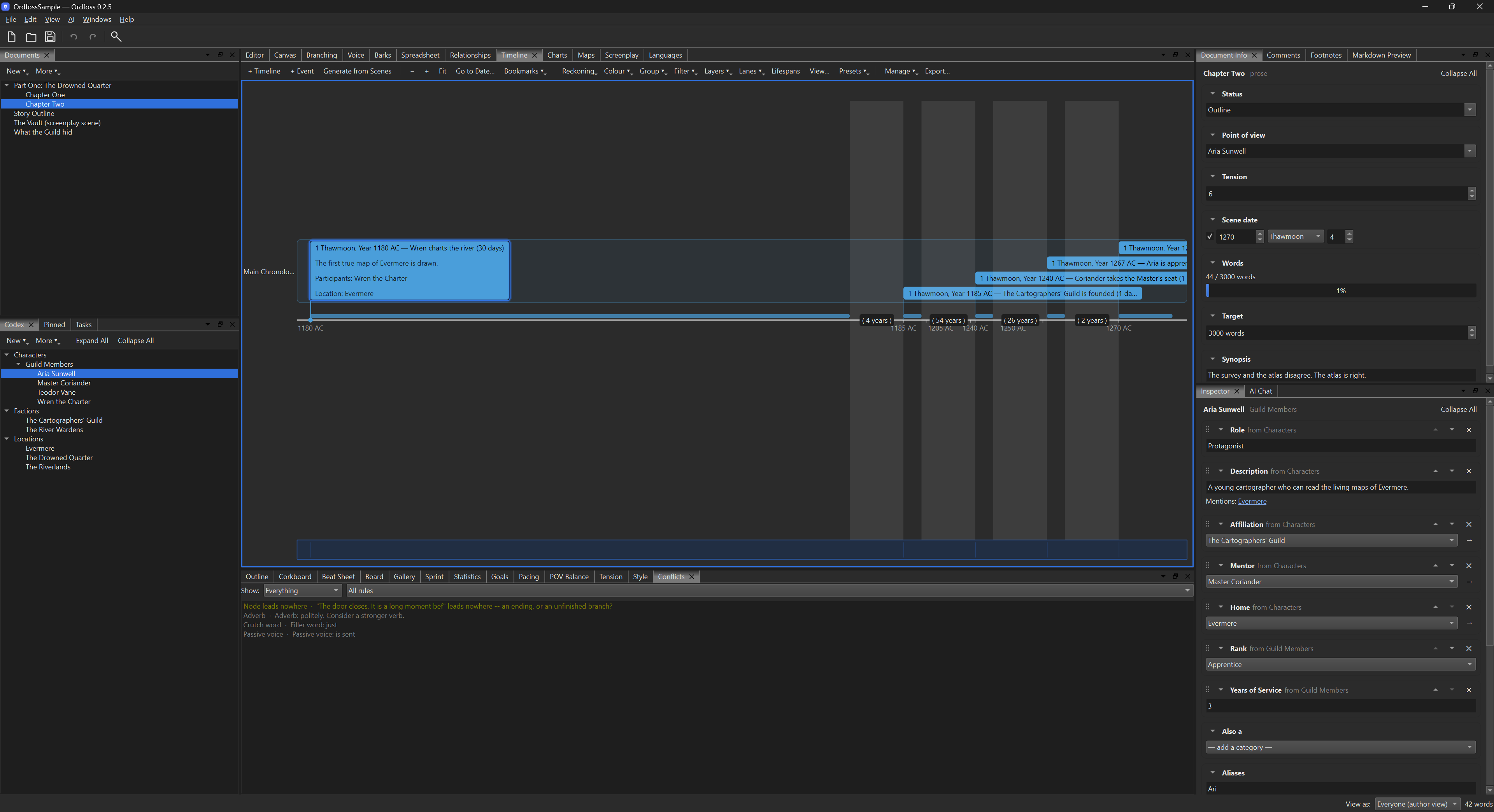 The story timeline: colour-coded event pills on a central axis with an expanded detail card showing description, participants and location.