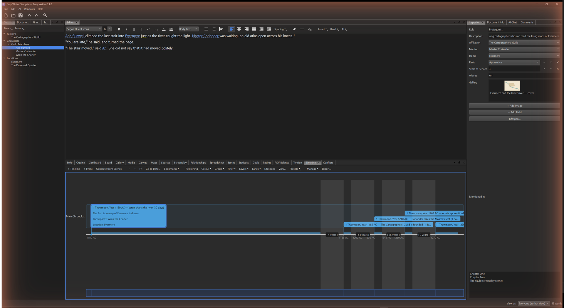 The story timeline: colour-coded event pills on a central axis with an expanded detail card showing description, participants and location.